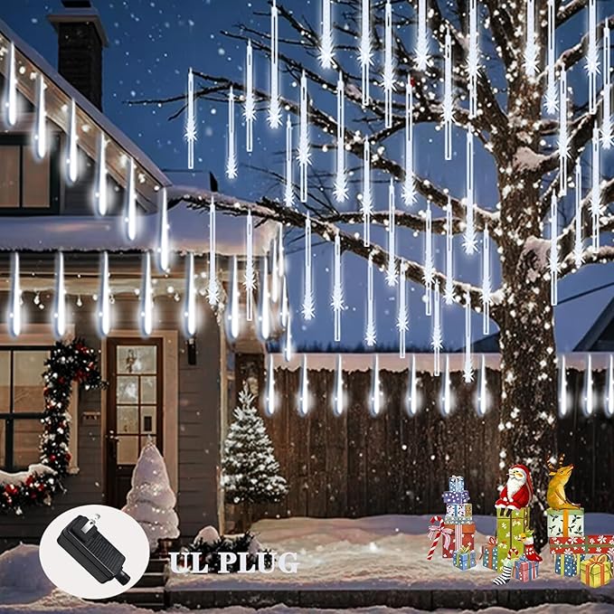 Meteor Shower Lights Christmas Lights Outdoor 24-Tube 576LEDs Snow Falling Rain Cascading Icicle Lights for Xmas Tree Christmas Decorations Wedding Party Holiday Garden Decor, UL Plug White-Ruum Studio Home