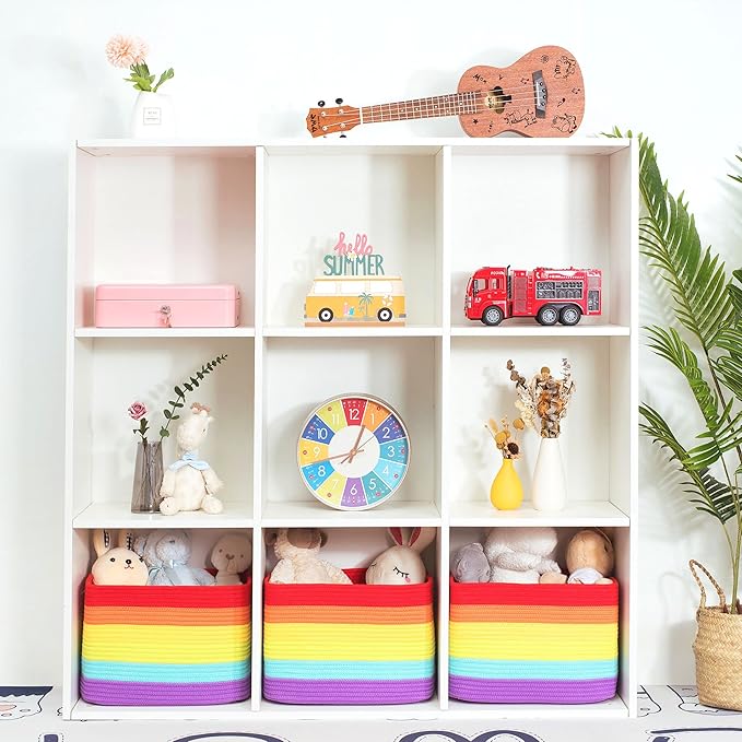 MINTWOOD Design 3-Pack Storage Baskets for Shelves, Playroom and Classroom, Book Basket, Decorative Storage Cube Bins, Woven Closet Organizers, Pantry and Shoe Organizer, Rainbow-Ruum Studio Home