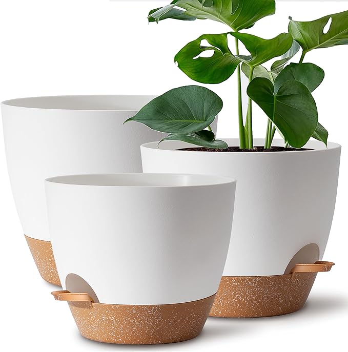 Giraffe Creation Plant Pots Set of 3 (12/10/9 inch), Self-Watering Indoor & Outdoor Flower Planters with Drainage Hole and Reservoir, White-Ruum Studio Home