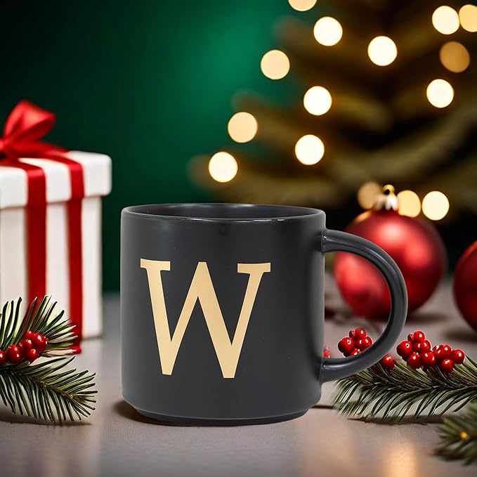 COLLECTIVE HOME - Monogram Ceramic Mugs, 15 oz Golden Initial Black Coffee Cups, Elegant Alphabet Tea Mugs, Elegant Personalized Mug with Gift Box, Unique Mug with Double Side Capital Lette (W)-Ruum Studio Home