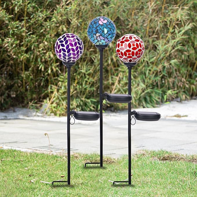 VCUTEKA Solar Garden Decorative Lights Outdoor, Mosaic Solar Light Waterproof LED Pathway Stake Light for Landscape Patio Yard Deck Walkway Decoration, 3 Pack （Blue&Purple&Red）-Ruum Studio Home