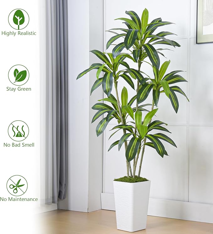 Artificial Dracaena Tree Artificial Silk Tree Faux Tree Fake Tropical Yucca Floor Plant with White Tall Planter (1, White Tall Planter, 6FT)-Ruum Studio Home