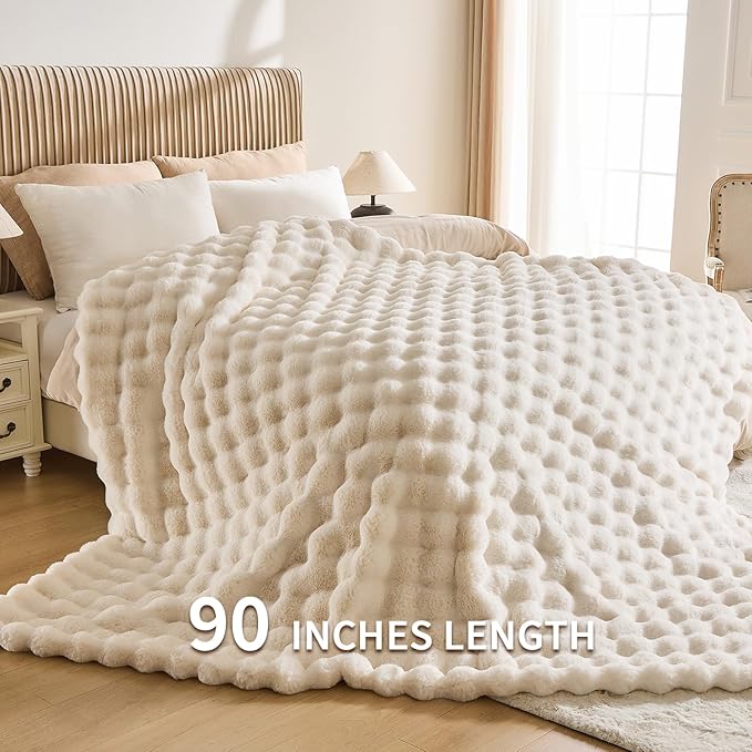 Cozy Faux Fur Throw Blanket for Bed-Warm Fuzzy Throw Blanket, Soft Plush Thick Bubble Blankets for Bedroom and Living Room, Furry Luxury Blanket, 90 x 90, Cream-Ruum Studio Home