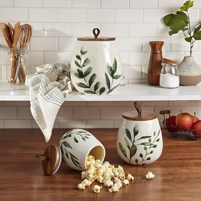 TTU Tabletops Gallery Ceramic Canister Collection- Stoneware Designed Kitchen Storage Acacia Wood White Set, 3 Piece Green Leaf Canister Set-Ruum Studio Home