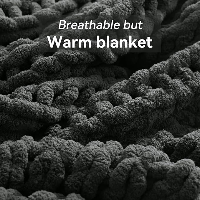 Chunky Knit Throw Blanket, 50''*60'' Knitted Throw Chenille Yarn for Bed Couch, Handmade Dark Grey Crochet Big Thick Blanket, Machine Washable Cute Comfy Blanket for Home Decor-Ruum Studio Home