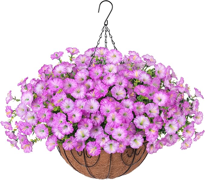 Artificial Faux Hanging Plants Flowers Basket for Outdoor Outside Spring Summer Decoration, Silk Purple Morning Glory in Planter UV Resistant Look Real Fake Flowers for Porch Patio Balcony Home Yard-Ruum Studio Home