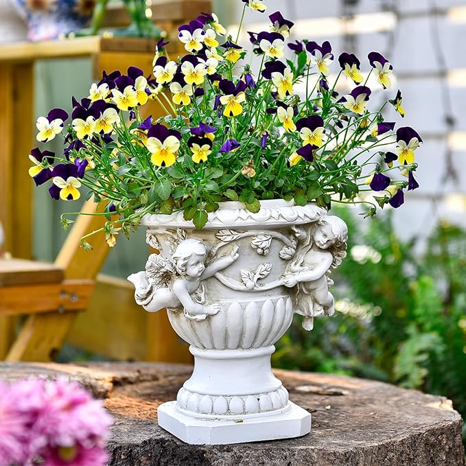 Sungmor Garden Cherub Urn Planter, Lovely Resin Angel Statue Flower Pots, Vintage European Style Planter, Rustic White Whimsy Fairy Decorative Plant Pot, Beautiful Pot for Indoor Outdoor Flowers-Ruum Studio Home