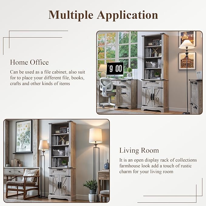 RedLemon Bookshelf with Storage Cabinet, 72" Tall Farmhouse Bookcase with Adjustable Shelves and Barn Door, 4 Tier Office Wood Bookshelf with Drawer for Office Library Living Room (Light Rustic Oak)-Ruum Studio Home