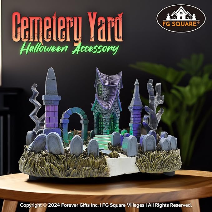 Cemetery Yard Graveyard Grave Theme Spooky Halloween Village Colorful LED Lights 9.25"x 5" x 6.25"-Ruum Studio Home