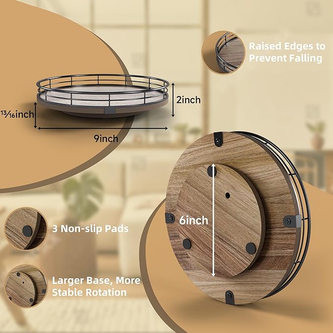 Acacia Wood 9" Bathroom Vanity Tray Turntable, Farmhouse Round Bathroom Countertop Organizer for Soap Perfume, Rotating Organizer for Kitchen Table Centerpieces, Decorative Trays for Coffee Table-Ruum Studio Home