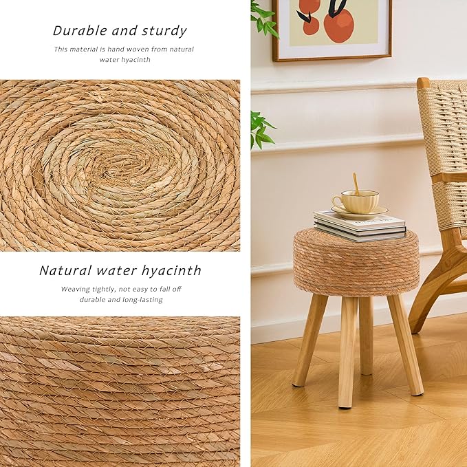 Handwoven Outdoor Ottoman, Water Hyacinth Pouf Round Patio Footstool with Wood Legs, 17-Inch Multipurpose Vanity Stool, Dining Chair, Patio Footrest for Balcony and Garden, Natural-Ruum Studio Home