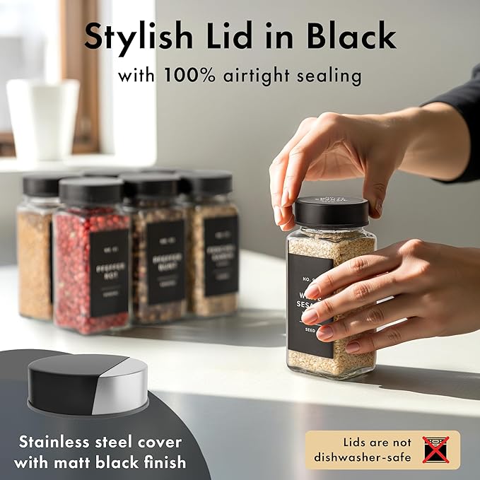 Glass Spice Jars with Label and Stainless Steel Lids (24 x 4oz) Spice Containers with 240 Labels, Shaker Inserts, Steel Funnel, Empty Square Empty Square Seasoning Organizer (Black)-Ruum Studio Home