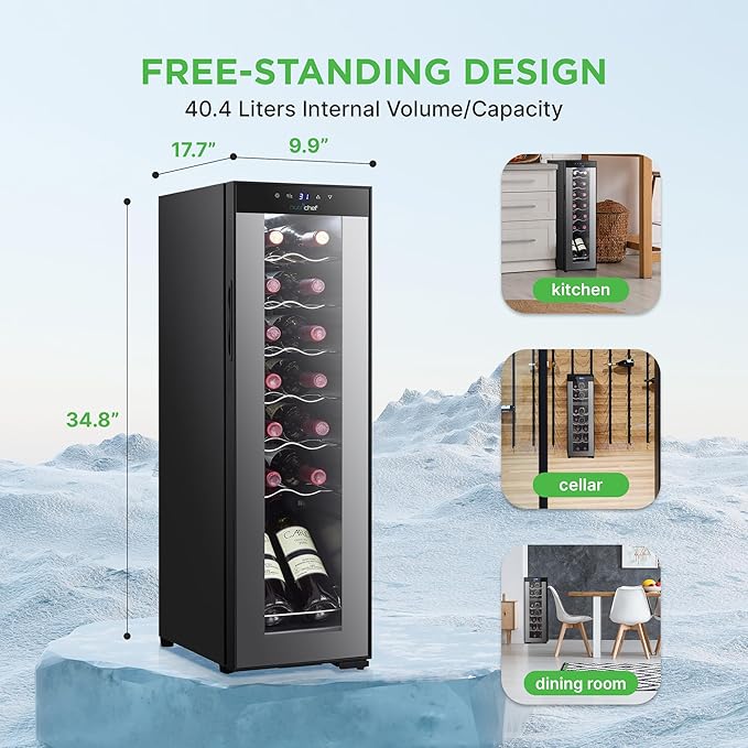 NutriChef Single-Zone Wine Cooler & Chiller – Digital Touch Control, Airtight Seal, 14-Bottle Capacity, Black-Ruum Studio Home