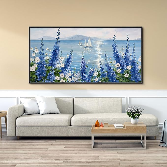 XLSJERST Large Sailboat Wall Art - Blue Canvas Abstract Painting Textured Picture Artwork Vintage Nautical Flower Painting Coastal Modern Print 24"x48" Frame for Living Room Office Home Decoration-Ruum Studio Home