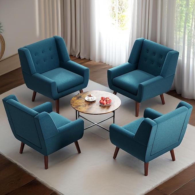 HUIMO Accent Chairs Set of 4, Upholstered Button Tufted Armchair, Linen Fabric Sofa Chairs for Bedroom, Living Room, Mid Century Modern Comfy Reading Chair (Lake Blue)-Ruum Studio Home