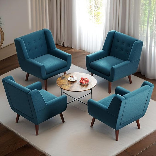 HUIMO Accent Chairs Set of 4, Upholstered Button Tufted Armchair, Linen Fabric Sofa Chairs for Bedroom, Living Room, Mid Century Modern Comfy Reading Chair (Lake Blue)-Ruum Studio Home