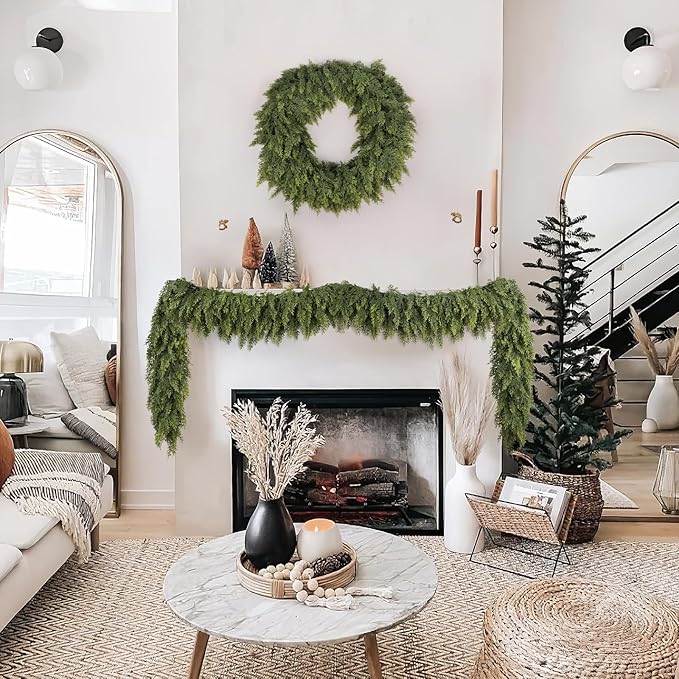 9ft Christmas Cedar Garland with Soft Thickness Pine, Artificial Green Faux Cedar Pine Garland for Mantle Fireplace Indoor Outdoor Holiday Party Home Decoration（2 Pcs）-Ruum Studio Home