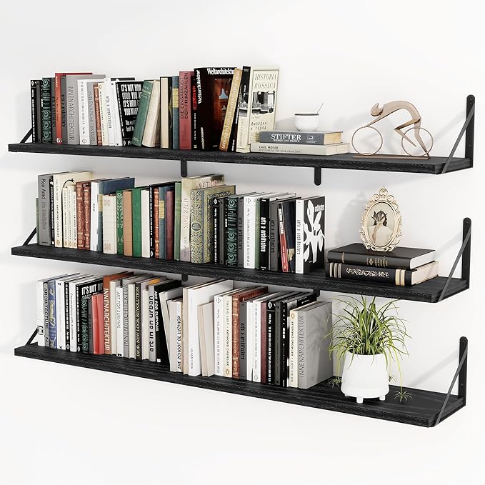 Heimlove 48 Inch Large Floating Bookshelves Set of 3,Black Wall Mounted Bookshelves,Heavy Duty Wooden Shelves for Living Room,Bedroom,Kitchen,Laundry Room Storage & Decor-Ruum Studio Home