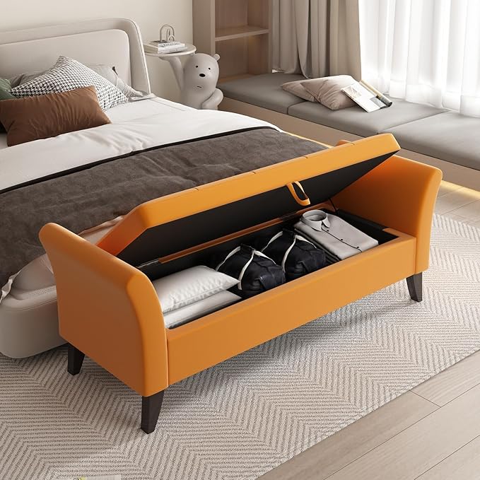 Furniliving 51 Inch Storage Bench for Living Room, Upholstered Bench Ottoman with Velvet Fabric, Modern Entryway Bench with Woodern Legs for Bedroom, Living Room, Shoe Storage & Seating, Orange-Ruum Studio Home