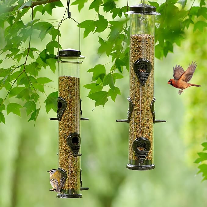MIXXIDEA 1PK Metal Bird Feeders with 6 Feeding Ports,Tube Bird Feeder with Steel Hanger,Hard Plastic Wild Bird Feeder for Outdoors Hanging, Attracting Birds in Your Lawn, Garden, Balcony–Coffee-Ruum Studio Home