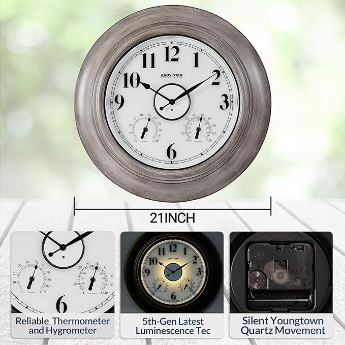 Andy Star 21 Inch Large Luminous Outdoor Wall Clock and Temperature for Patio, Pool, Oversized Round Wall Clocks Waterproof, Vintage Brushed Gray Oak Wooden Finish Silent Non Ticking-Ruum Studio Home