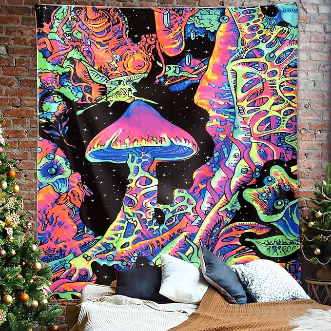 ADDWel Blacklight Mushroom Tapestry, Upright Tapestry Glow In The Dark, UV Reactive Black Light Tapestries Posters Wall Hanging for Backdrop Bedroom Dorm Living Room Decor(70"x90")-Ruum Studio Home