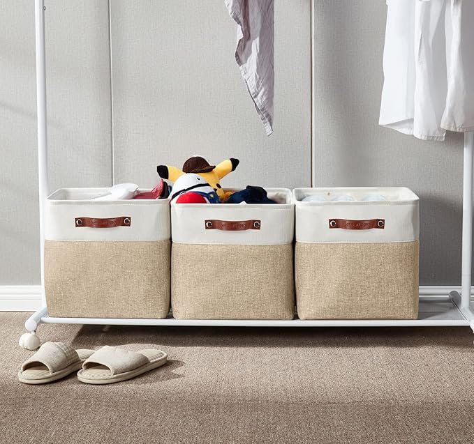DECOMOMO 13 Inch Cube Storage Bins, Fabric Storage Cube, Basket for Kallax Shelves (Beige & White, Cube 13" - 4 Pack)-Ruum Studio Home