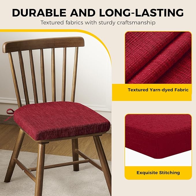 downluxe Indoor Chair Cushions for Dining Chairs, Soft and Comfortable Textured Foam Kitchen Chair Pads with Ties and Non-Slip Backing, 16" x 16" x 2", Red, 2 Pack-Ruum Studio Home