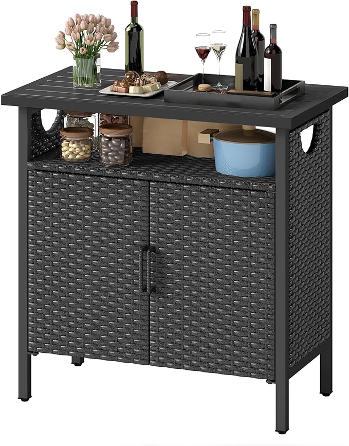 DWVO Patio Storage Cabinet, Outdoor Buffet Cabinet with Two Doors and Shelves, Outdoor Storage Bar Table with PE Rattan for Patio, Backyard, Garden - Black-Ruum Studio Home