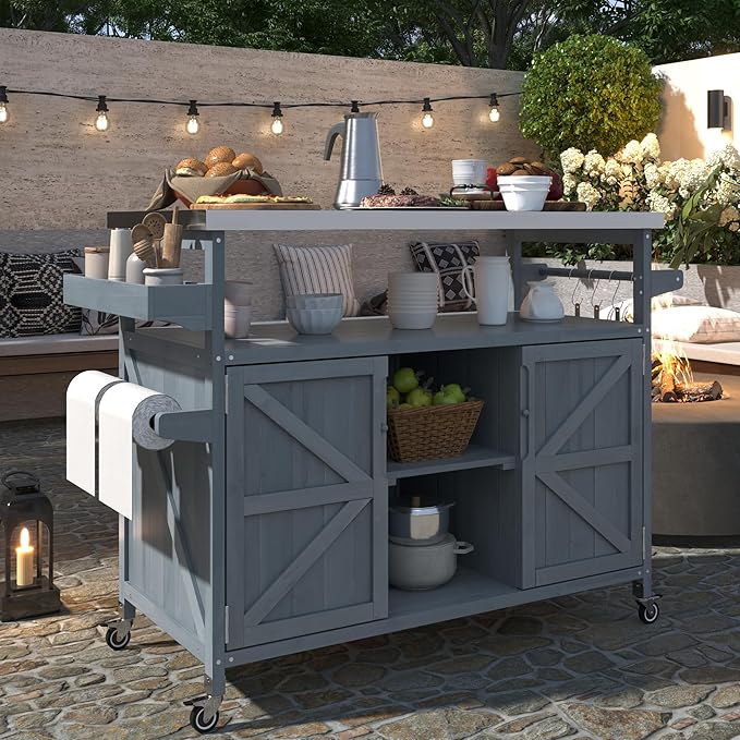 Outdoor Kitchen Island, Rolling Bar Cart & Storage Cabinet, Farmhouse Solid Wood Outdoor Grill Table with Stainless Steel Top, Spice Rack, Towel Rack for Kitchen & BBQ, Grey Blue-Ruum Studio Home