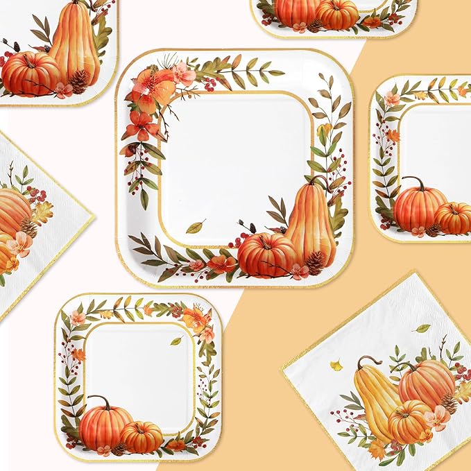Grencian 200Pcs Fall Plates and Napkins Thanksgiving Plates Pumpkin Flower Wreath Plate Disposable Pumpkin Tableware Fall Party Supplies for Autumn Harvest Thanksgiving Party Decorations, Serves 50-Ruum Studio Home