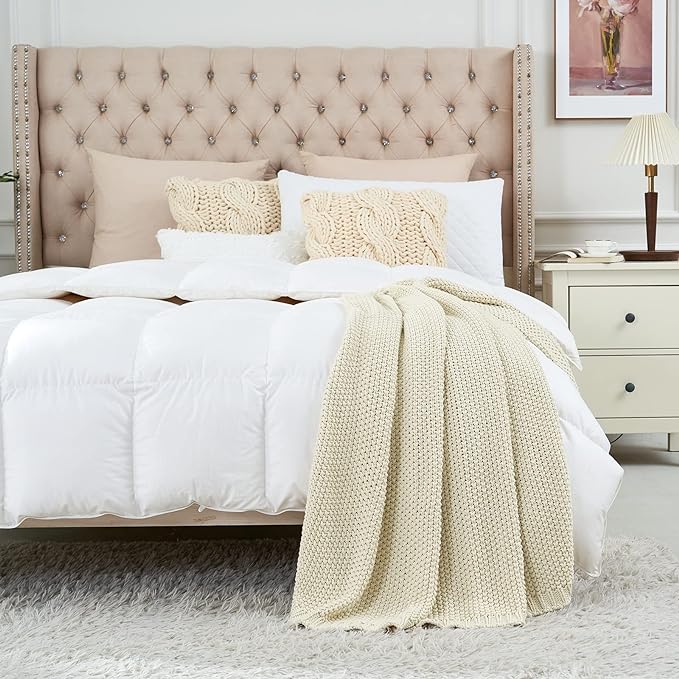 Longhui bedding Chunky Cable Knit Throw Blanket Lightweight Cream 100% Organic Cotton Blanket for Sofa Couch Bed Baby Nursery, Rustic Shabby Chic Modern Farmhouse, 60” x 80” Give Laundering Bag-Ruum Studio Home