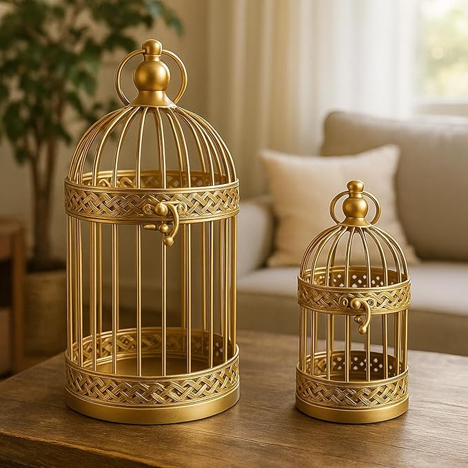 VELA LANTERNS Birdcage Decor Candle Holder Lantern Decorative Wedding Table Centerpiece Decorations, 10" and 6" Tall, Gold, Set of 2-Ruum Studio Home