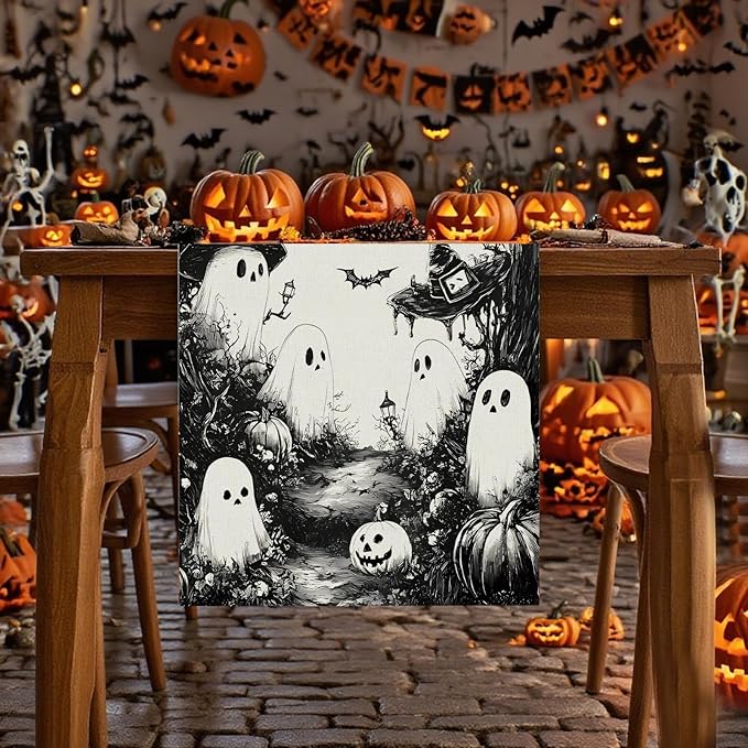 GPGHE Halloween Table Runner Black Ghost Holiday Burlap Table Decoration Indoor Outdoor Home Decor Party Supply 13 x 60 Inch-Ruum Studio Home
