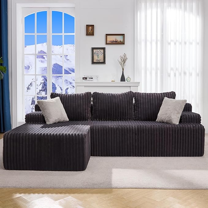 Hobestluk 96“ Modular Sectional Sofa Couches L-Shape Couch 3 Seat Modular Sofa Memory Foam Sectional Couches for Living Room, Cloud Couch with Oversized Chaise (Grey, Stripe (Left Facing Chaise))-Ruum Studio Home