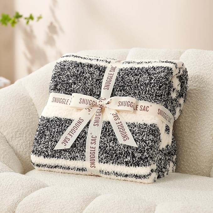 Snuggle Sac Stripe Black Throw Blanket for Couch, Reversible Super Soft Warm Blankets Cozy Knit Fuzzy Plush Lightweight Throws for Sofa, Bed, Stripe Black, 50x60 inches-Ruum Studio Home
