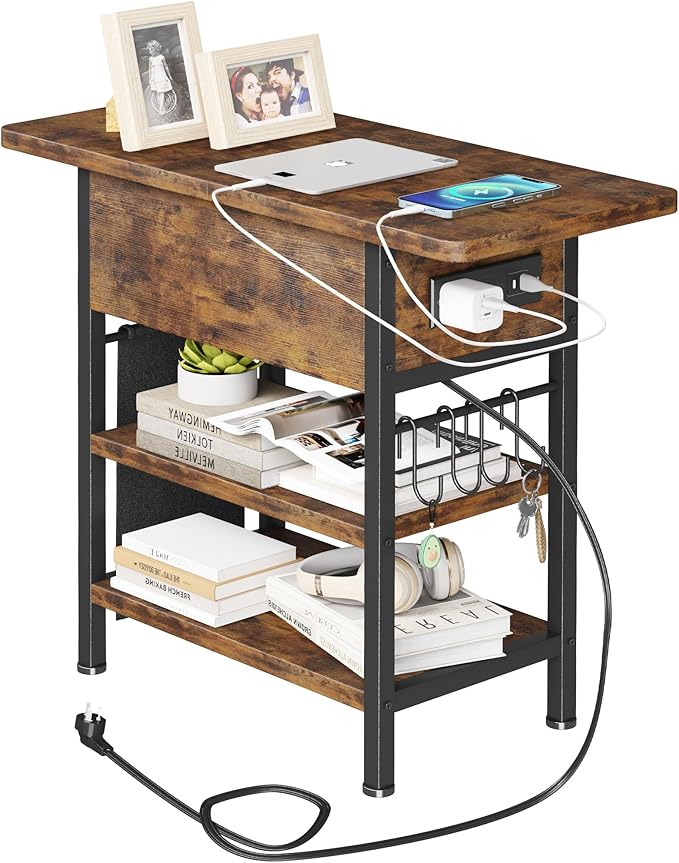 End Table with Charging Station, Flip Top Nightstand with USB Ports and Outlets, Couch Side Table with Fabric Bag and Hooks, Bedside Table for Space Saving, Living Room, Bedroom (Rustic Brown)-Ruum Studio Home