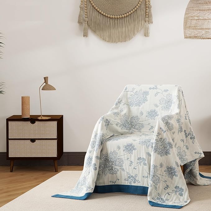 Boho Throw Blanket Twin Size, Soft Cozy Cotton Muslin Quilt Blanket for Bed Decor, Floral Patterned Couch Sofa Chair Cover, Vintage Farmhouse Cottage Tapestry Woven Blanket, Blue and White-Ruum Studio Home