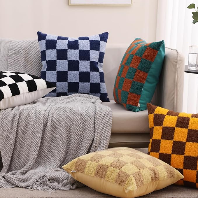 Alysheer Checkered Embroidered Decorative Throw Pillow Covers 18"x 18" Set of 2, Farmhouse Cottage Teal Brown Plaid Tufted Patterned Cotton Canvas Cushion Case for Sofa Couch Bed Living Room-Ruum Studio Home