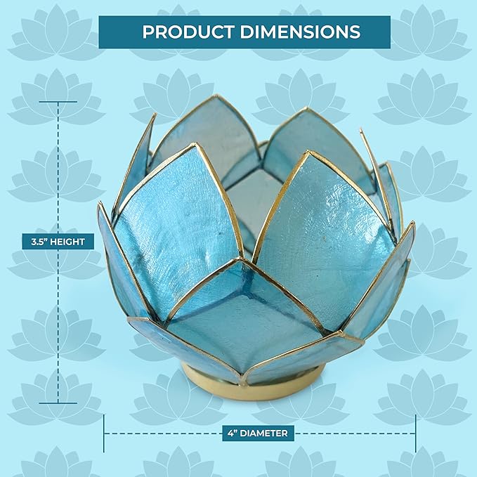Blooming Lotus Capiz Shell Tealight Candle Holder, Handcrafted Decorative Tea Light Candleholder with Translucent Flower Petals for Ambient Illumination and Natural Elegance, Aquamarine-Ruum Studio Home