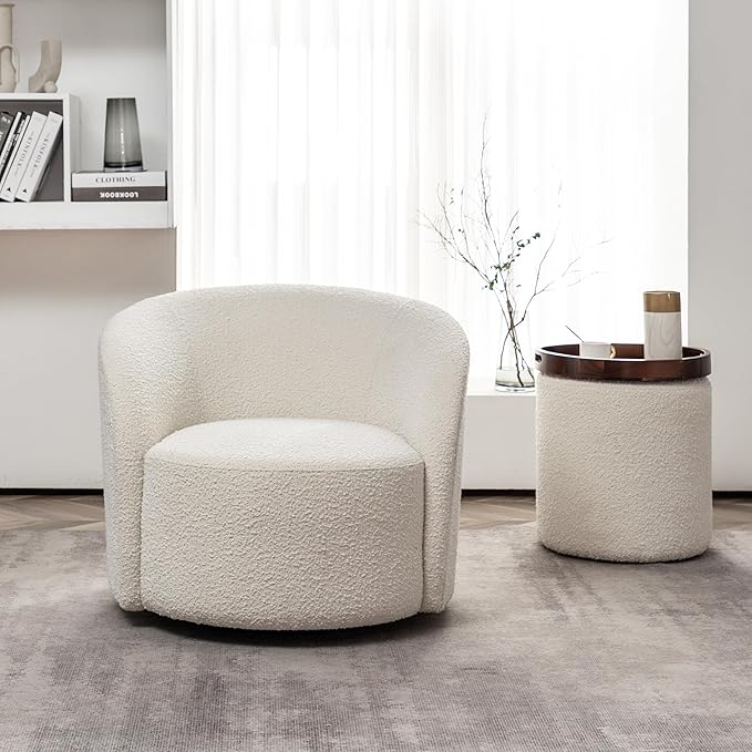 KINWELL 34" Boucle Swivel Barrel Chair with 18" Round Ottoman Set, Fully Assembled Set of Sherpa Accent Chair and Footrest, Modern Comfy Armchair and Footstool for Living Room and Bedroom, Cream-Ruum Studio Home