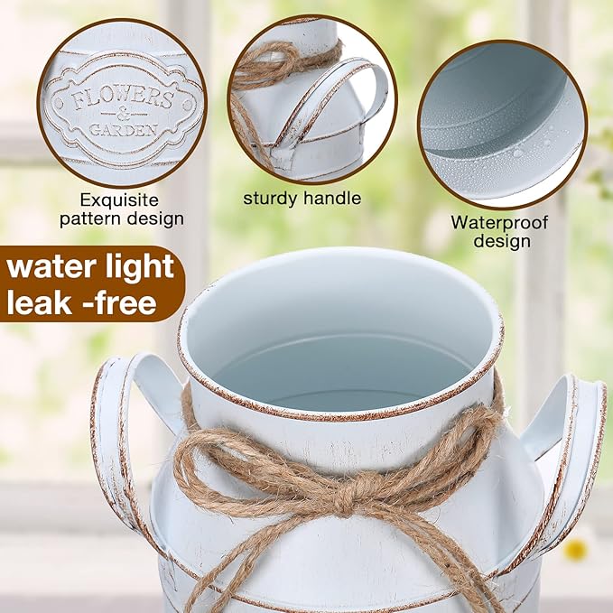 6 Inch Farmhouse Vase Decor Milk Can Vintage Flower Jug Galvanized Metal Vase with Handle Rustic Flower Buckets for Thanksgiving Christmas Table Centerpiece Weddings Gifts(Retro White,4 Pcs)-Ruum Studio Home