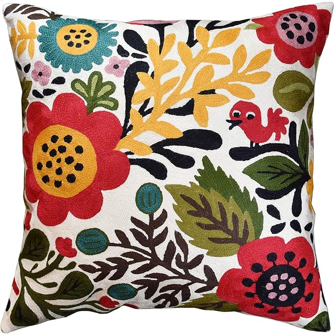 Red Polish Floral Pillow Cover Bird Flower Pillowcase Floral Outdoor Suzani Cushions Flowery Throw Chair Cushion Farmhouse Pillowsham Hand Embroidered Wool 18x18 Inch-Ruum Studio Home