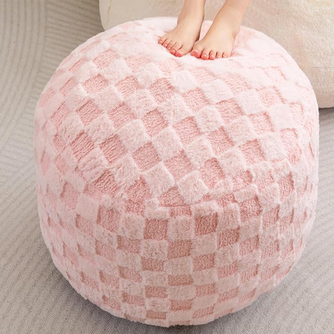 HIGOGOGO Round Stuffed Pouf Ottoman, Plaid Poufs with Foam Chunk Filling, Fluffy and Furry Pouf Foot Stool Storage Ottoman, 26 X 18 Floor Poufs Foot Rest for Living Room, Pink-Ruum Studio Home