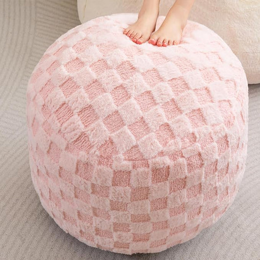 HIGOGOGO Round Stuffed Pouf Ottoman, Plaid Poufs with Foam Chunk Filling, Fluffy and Furry Pouf Foot Stool Storage Ottoman, 26 X 18 Floor Poufs Foot Rest for Living Room, Pink-Ruum Studio Home
