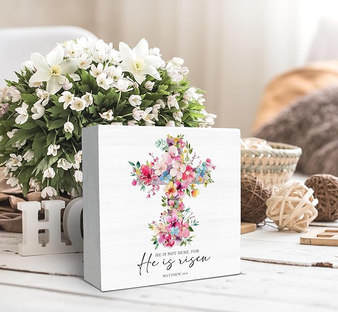 SRADMO He Is Risen Sign, Floral Cross Easter Christian Wood Box Sign Desk Decor, Christian Easter Decorations, Easter Theme Wooden Block Box Decoration for Home Office Shelf Table Decor-Ruum Studio Home
