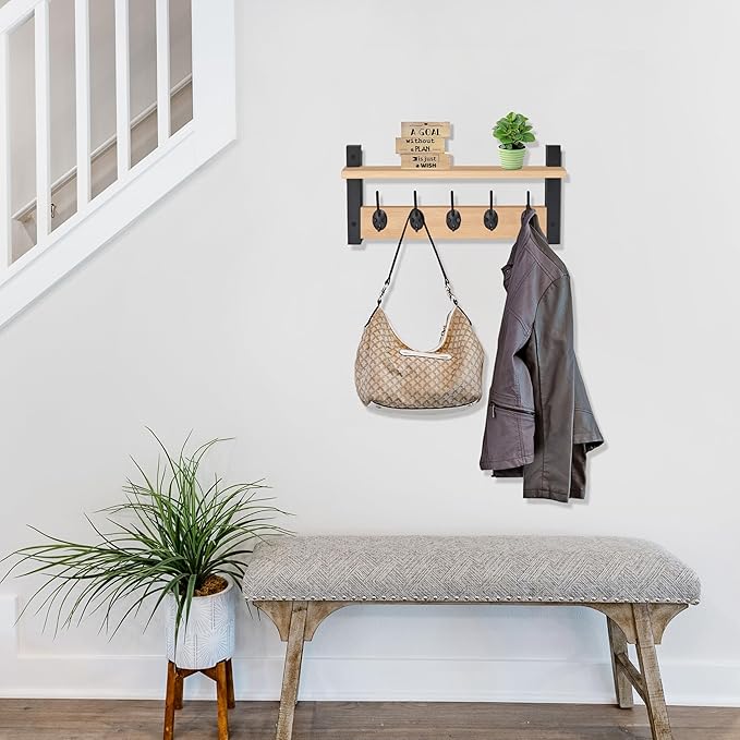 Sorbus Coat Hooks Wall Mount with Shelf – 16 Inch Coat Rack Wall Mount with 5 Heavy Duty Hooks – Floating Wall Shelf with Hooks for Entryway, Bathroom, Bedroom, Kitchen, or Mudroom (Maple Wood)-Ruum Studio Home