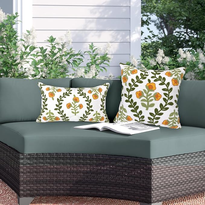 Alysheer Flower Embroidered Summer Decorative Lumbar Throw Pillow Cover 12"x 20", Farmhouse Cottage Orange Floral Green Leaves Patterned Cotton Canvas Cushion Case for Sofa Couch Bed Living Room-Ruum Studio Home