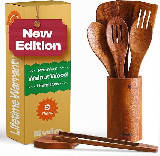 Riveira Walnut Wooden Spoons for Cooking Set of 9 – Natural Walnut Wooden Cooking Utensils, Spatula, Spoon - Premium Quality Utensil Set for Non-Toxic Cooking-Ruum Studio Home