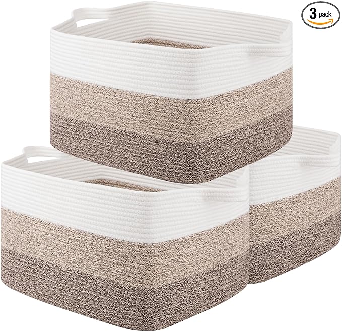 OIAHOMY Rectangle Woven Storage Basket - Nursery Cotton Rope Baskets for Storage, Toy Basket Organizing for Living Room, 17.7"x13.8"x11"- Pack of 3 - Gradient Yellow-Ruum Studio Home